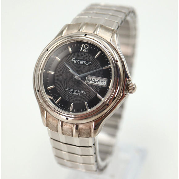 Mens Armitron Day Date Watch 36mm Silver Black Dial Expansion Band w New Battery - Picture 1 of 15